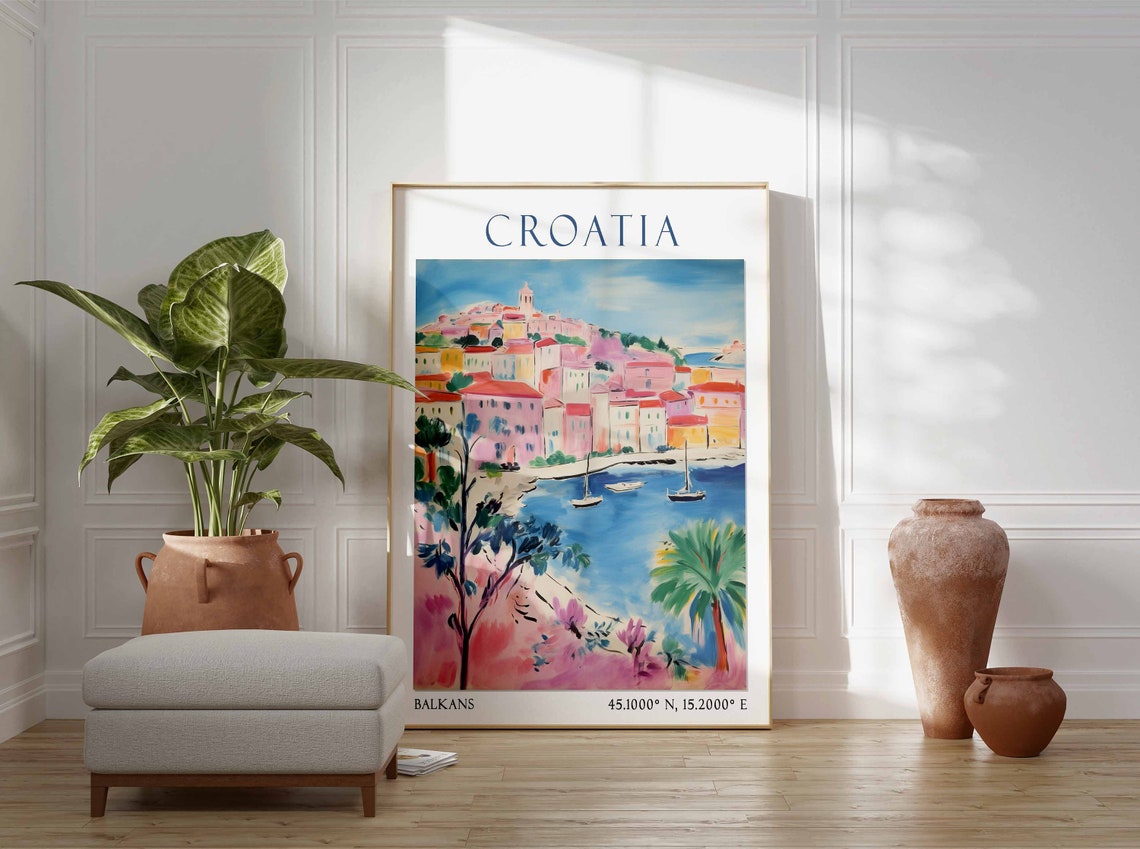 Croatia Hillside Town with Sailboats in a Blue Bay Poster Art - Image 2