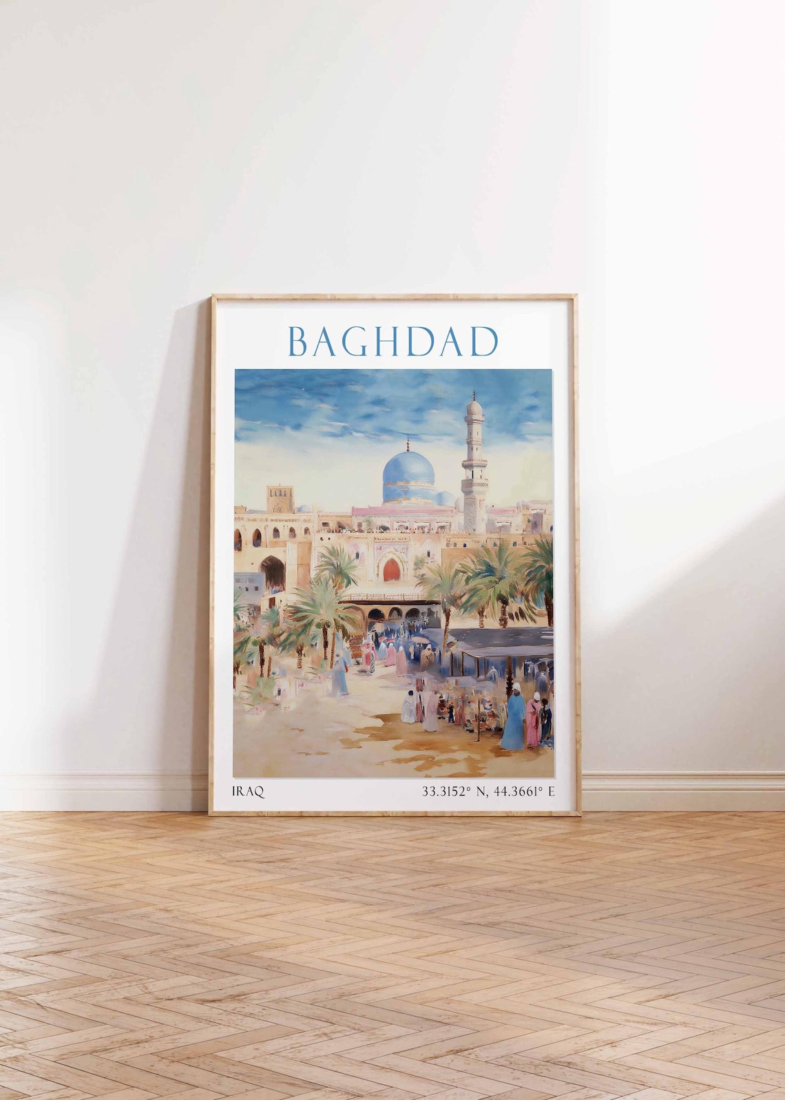 Baghdad Iraq Blue Dome Mosque Palm Street Market Scene Poster - Image 4