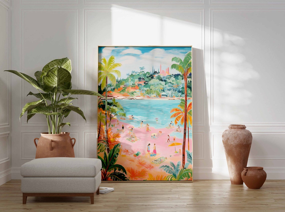 Pink Sand Beach with Palm Trees Facing a City Skyline Poster - Image 3