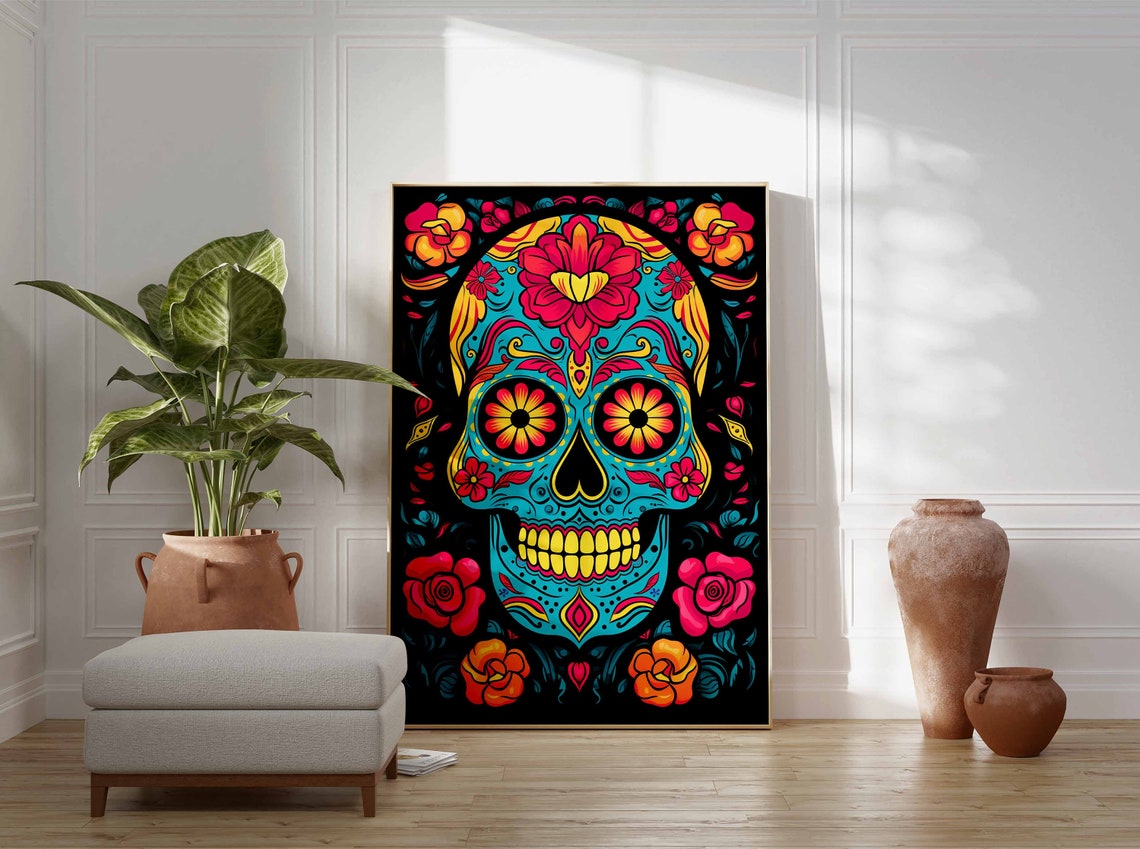 Neon Teal Sugar Skull Colorful Floral Black Background Wall Art - Image 3