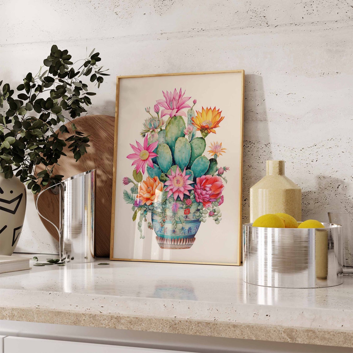 Flowering Prickly Pear Cacti in a Decorative Pot Watercolor Poster - Image 2