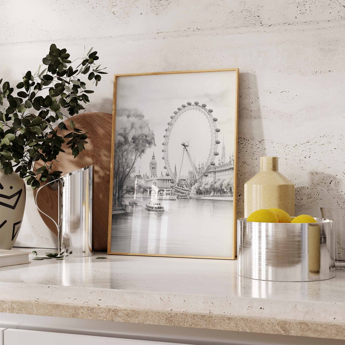London Eye Black and White Pencil Sketch Poster with Thames Boats - Image 2