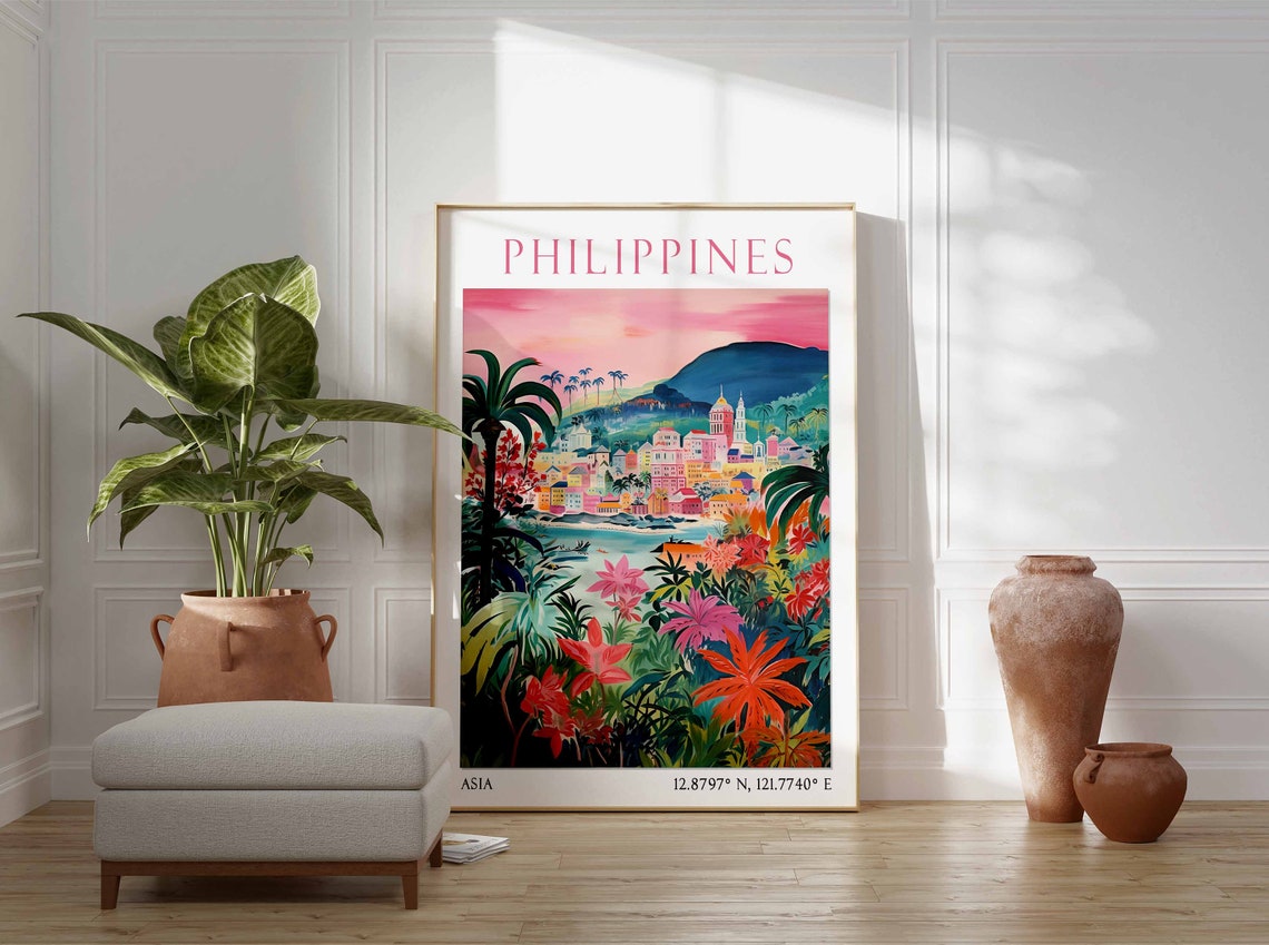 Philippines Coastal Town Church Sunset Tropical Flowers Poster - Image 2