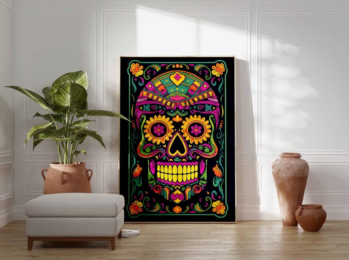 Neon Day of the Dead Sugar Skull Poster in Pink Green and Orange - Image 3