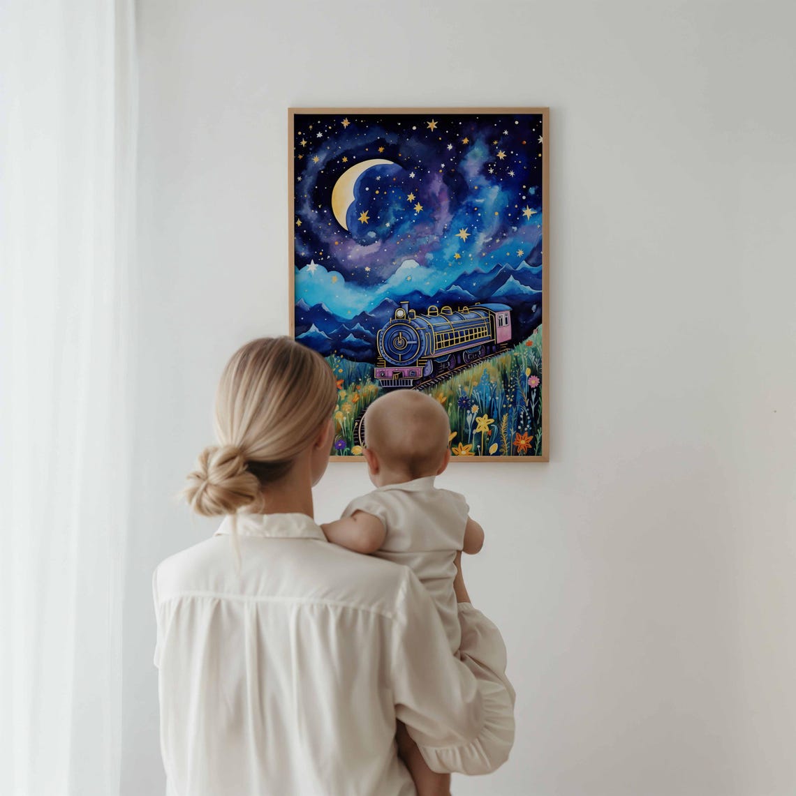 Starry Night Steam Train Under Crescent Moon Mountains Poster - Image 3