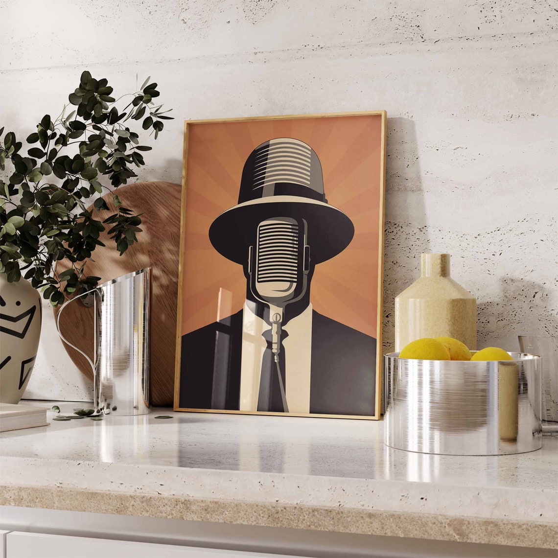 Vintage Microphone Man Fedora Jazz Retro Music Room Gift Poster - Image 3