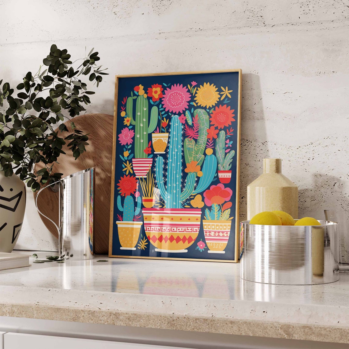 Colorful Potted Cacti and Bright Flowers Poster on Navy Blue - Image 2