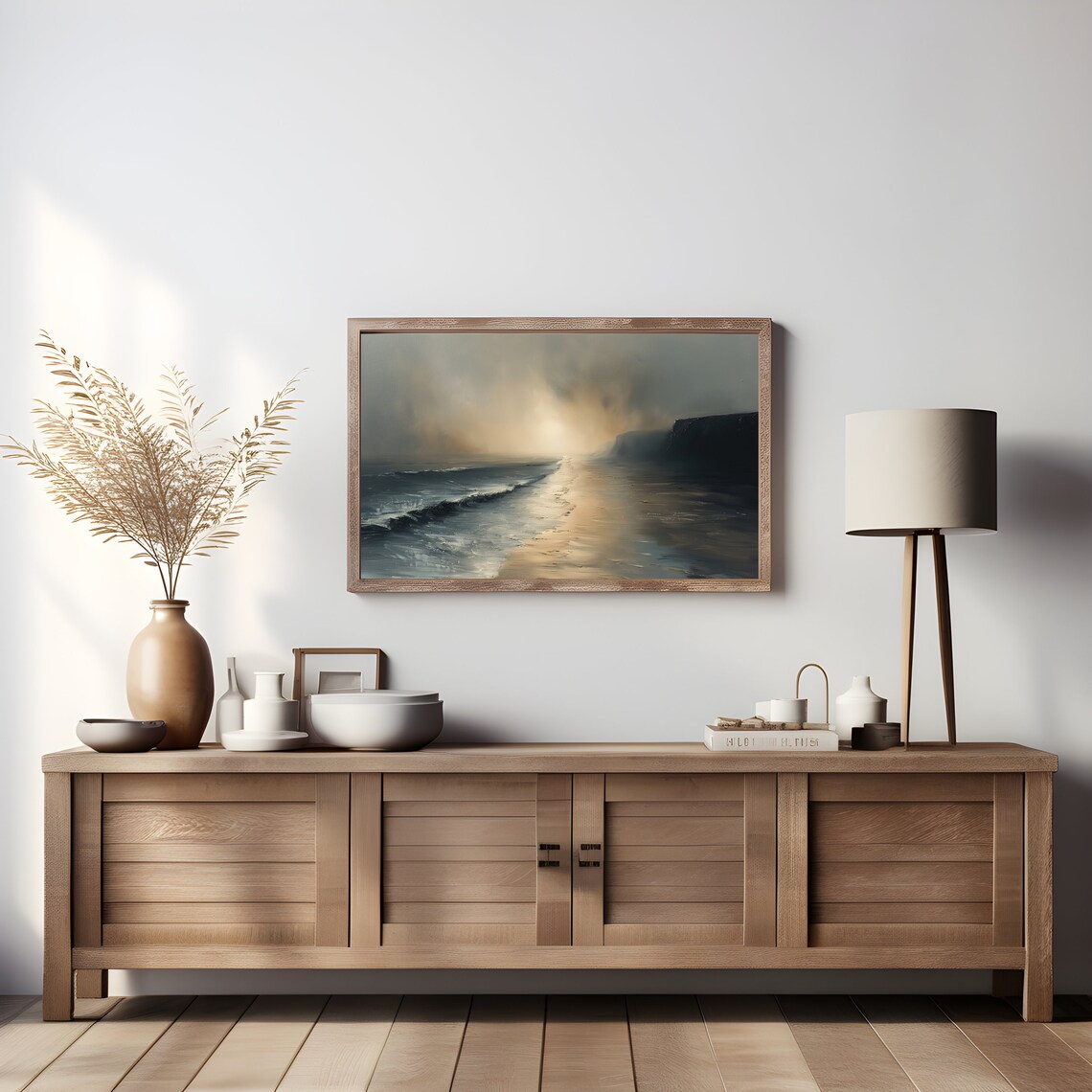 Sunset Beach Shoreline Golden Light Moody Seascape Painting Poster - Image 3