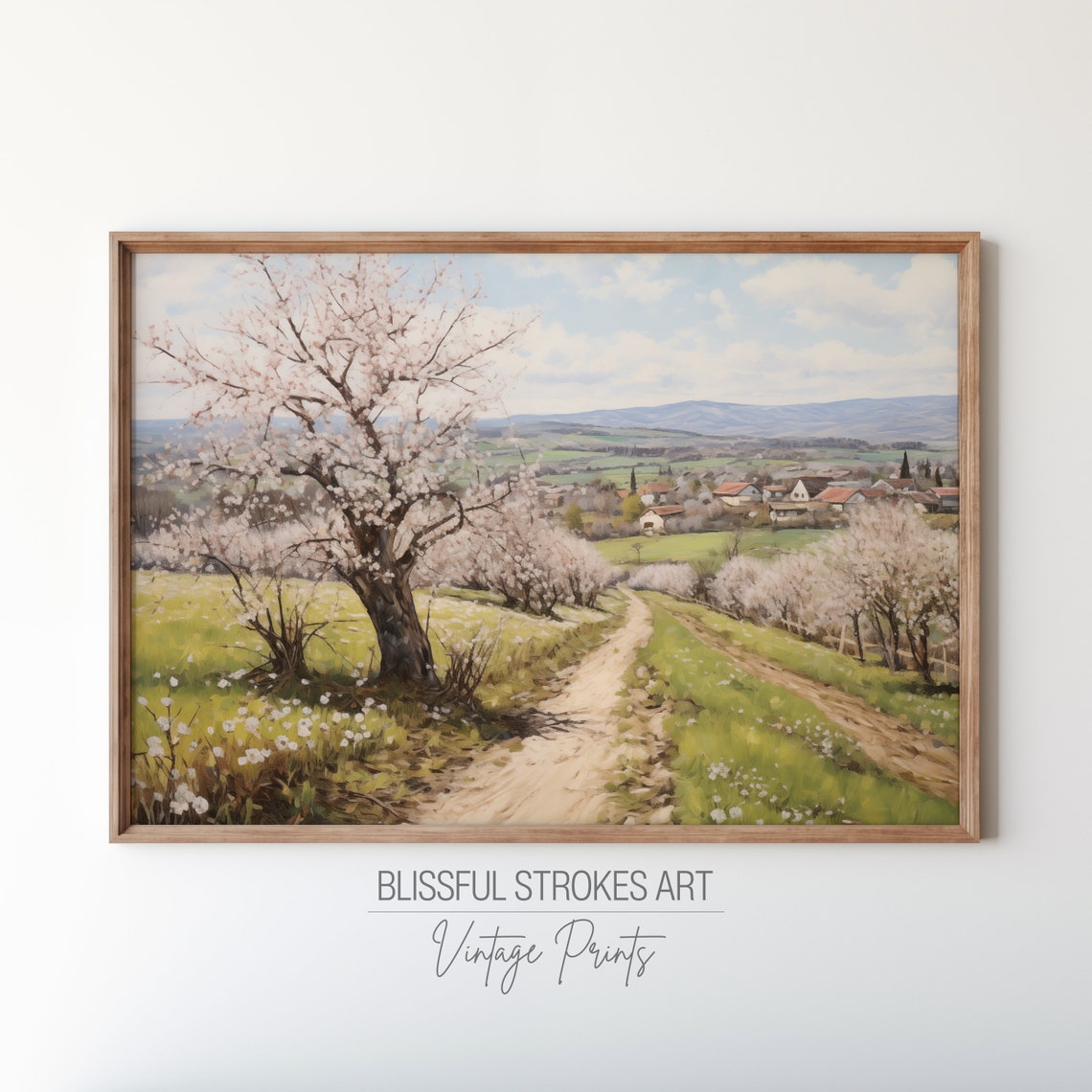 Orchard In Bloom Spring Landscape Village Path Vintage Painting Poster - Image 4