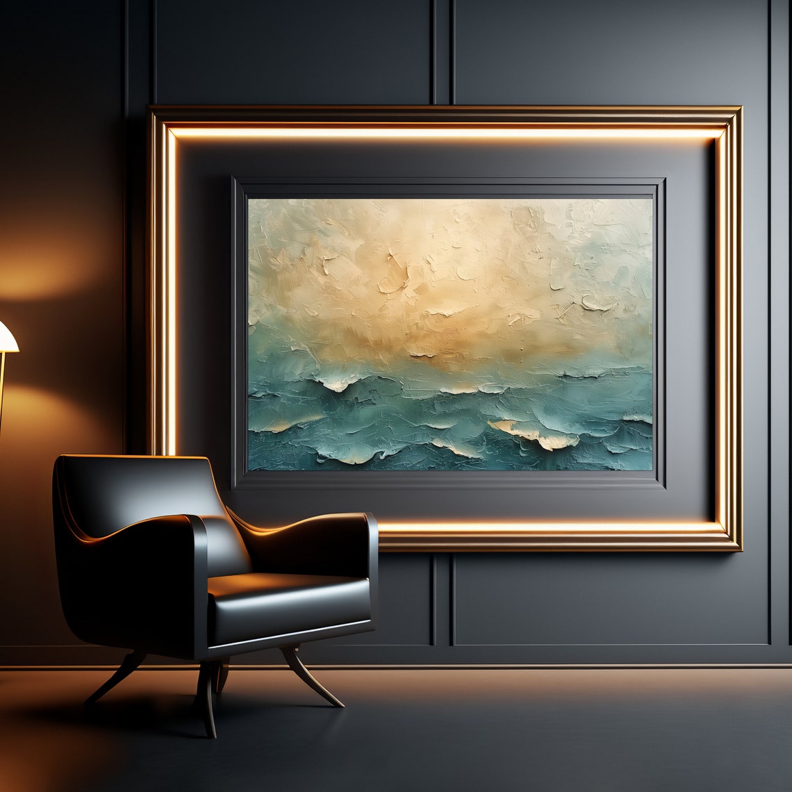 Abstract Textured Sunrise Seascape Gold Teal Modern Ocean Art Print - Image 2