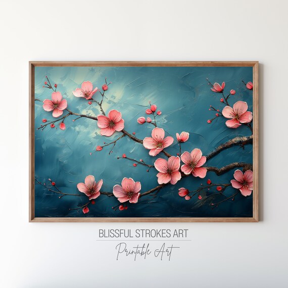 Blush Pink Blossom Branch Teal Blue Floral Art Painting Poster