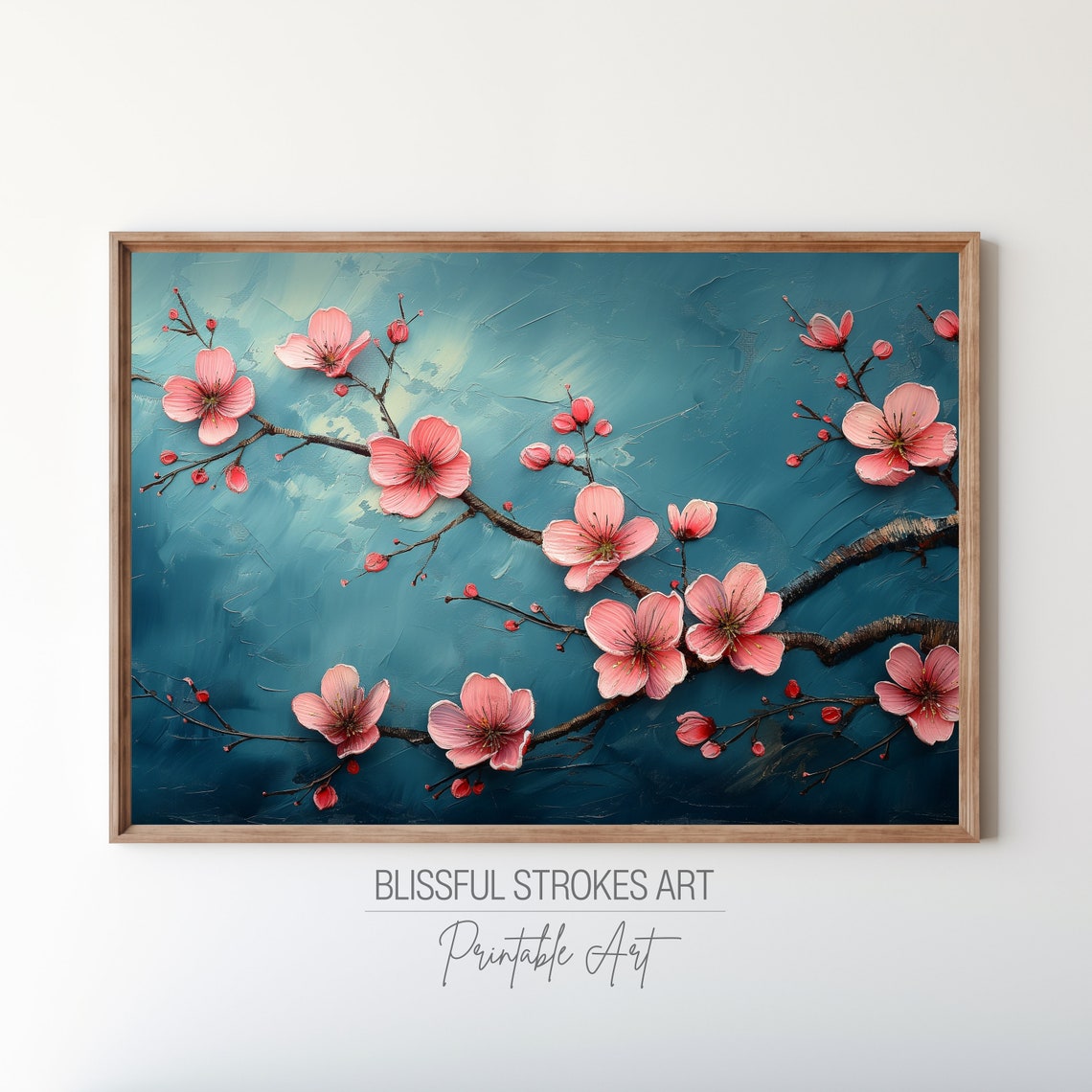 Blush Pink Blossom Branch Teal Blue Floral Art Painting Poster