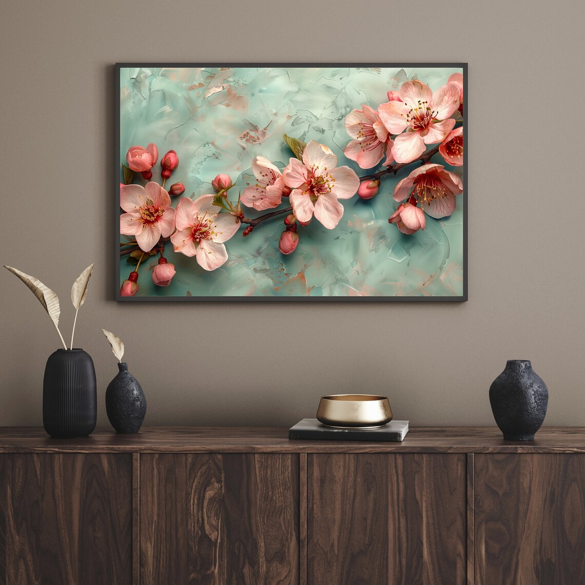 Cherry Blossom On Mint Green Textured Floral Painting Poster - Image 2