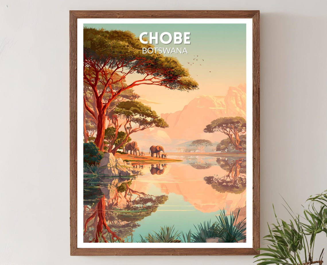 Chobe Botswana Elephants Waterhole Sunset Safari Retro Travel Poster