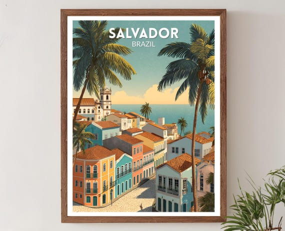 Salvador Brazil Retro Travel Poster Mid Century Modern Wall Art Print Vintage Coastal Cityscape Decor Home