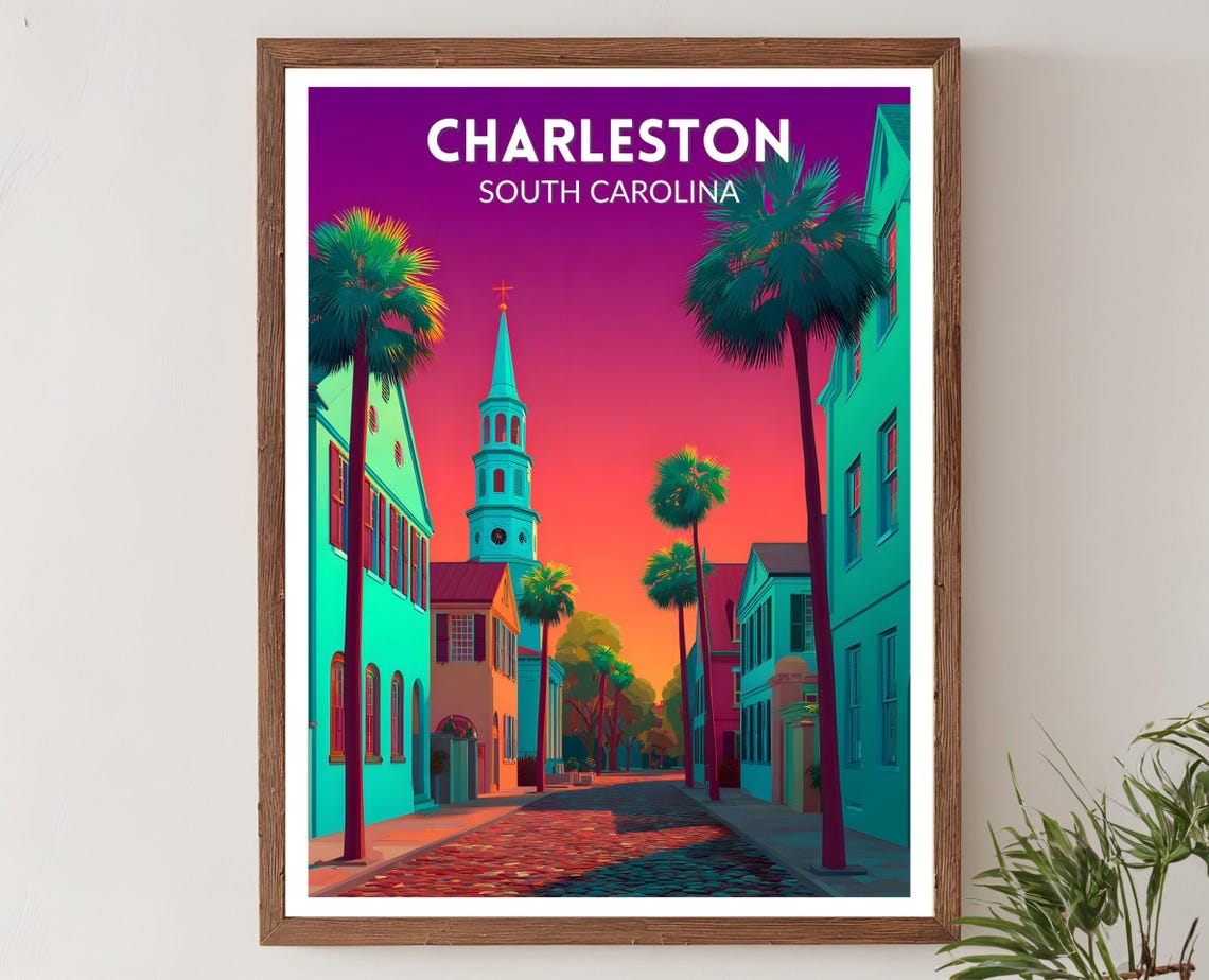 Charleston South Carolina Palm Church Sunset Neon Travel Poster