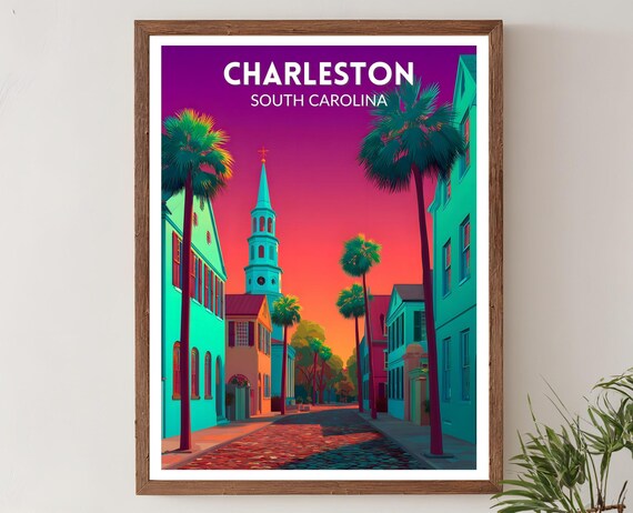 Charleston South Carolina Vibrant Travel Poster Retro Futuristic Wall Art Print Colorful Cityscape Decor