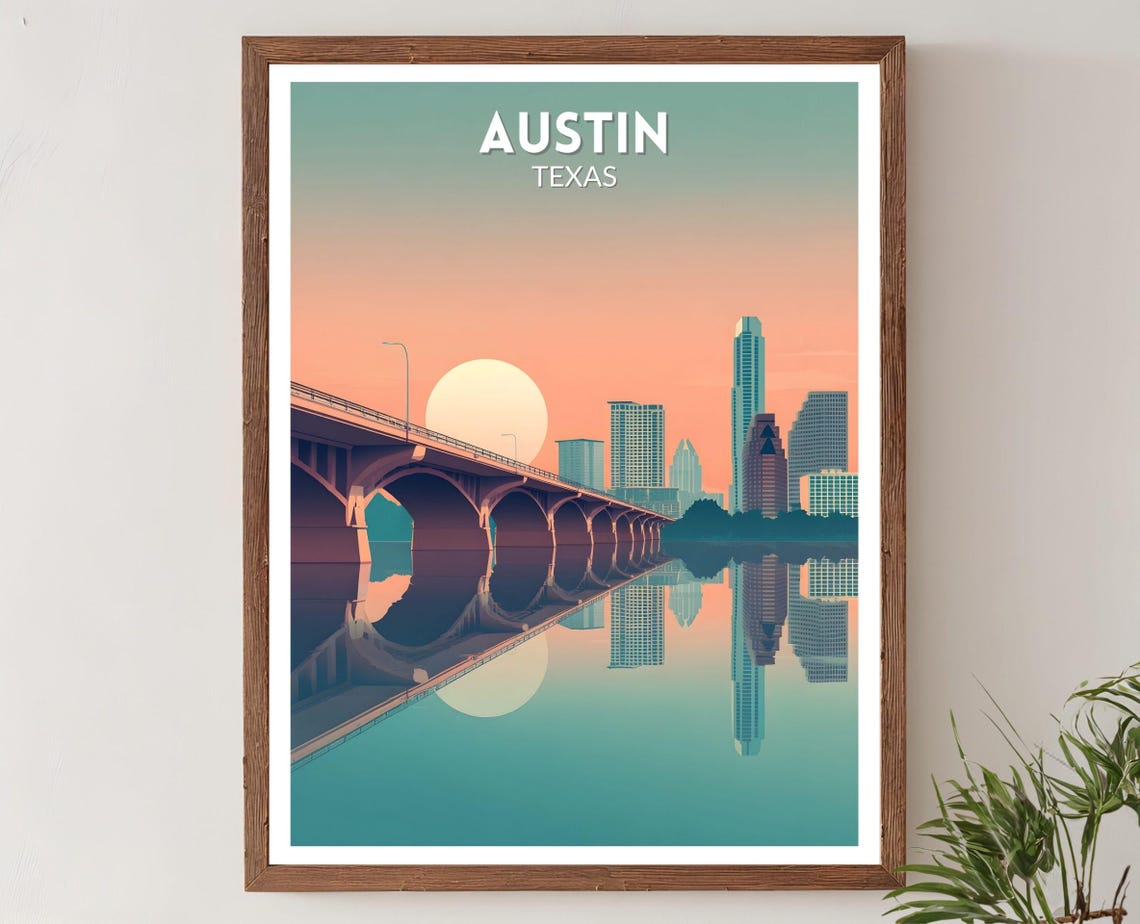 Austin Texas Skyline Bridge Sunset Reflection Retro Travel Poster