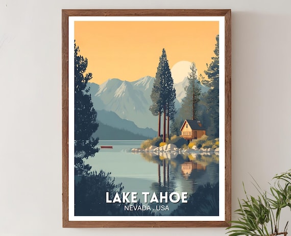 Lake Tahoe Nevada USA Lakeside Cabin Sunset Mountain Travel Poster