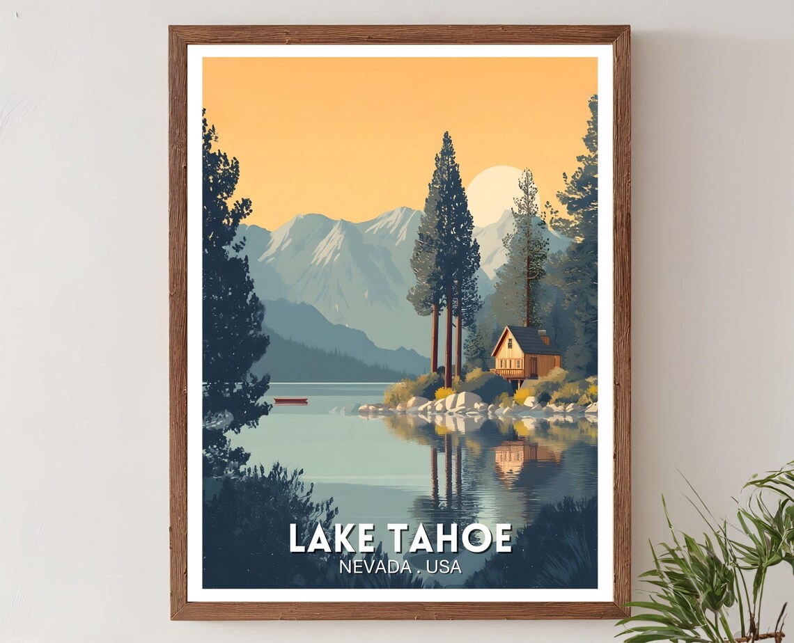 Lake Tahoe Nevada USA Lakeside Cabin Sunset Mountain Travel Poster