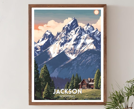 Jackson Wyoming Grand Teton Vintage Mountain Cabin Travel Poster