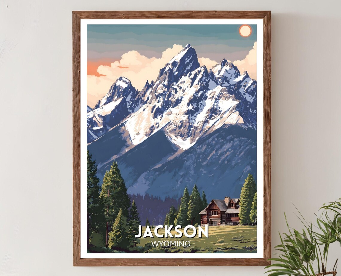 Jackson Wyoming Grand Teton Vintage Mountain Cabin Travel Poster
