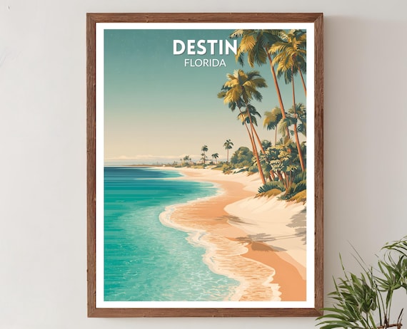 Destin Florida Beach Palm Trees Retro Coastal Shore Travel Poster