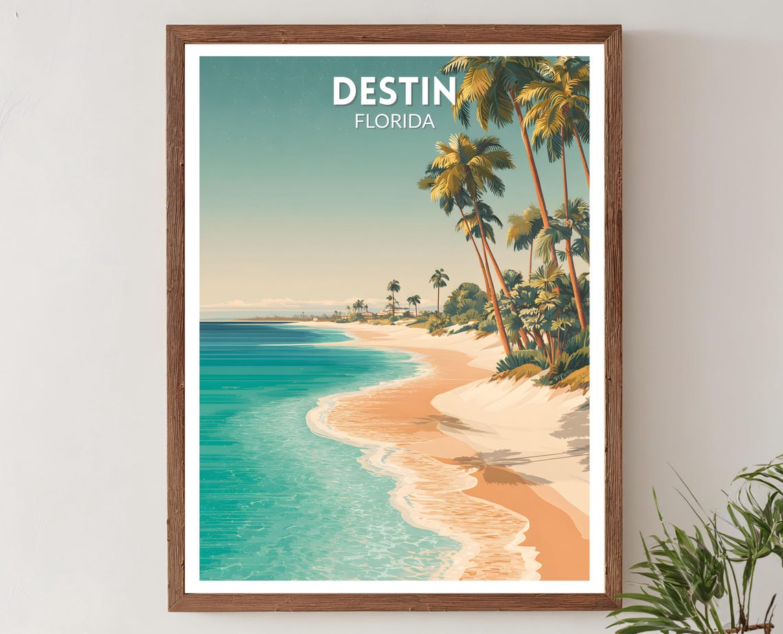 Destin Florida Beach Palm Trees Retro Coastal Shore Travel Poster