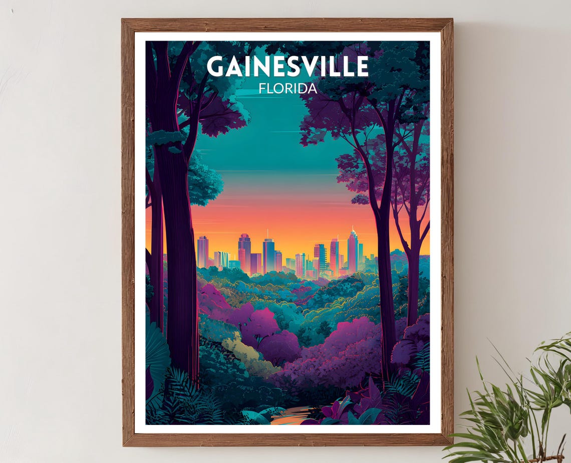 Gainesville Florida Sunset Skyline Retro Travel Landscape Poster