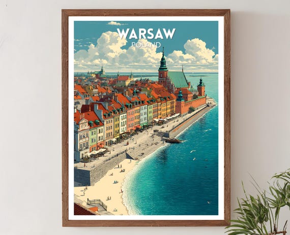 Warsaw Poland Retro Travel Poster Mid Century Modern Wall Art Print Vintage Cityscape Decor European Home