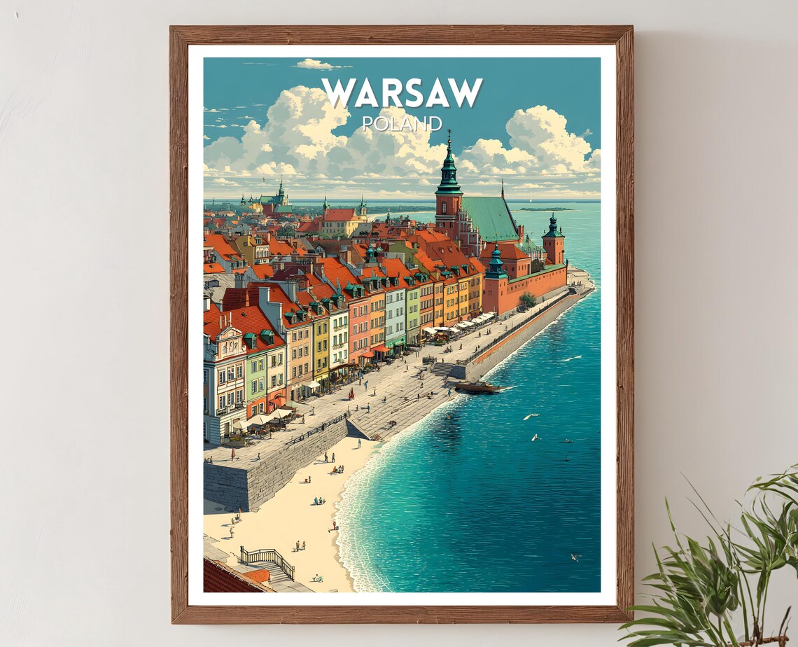 Warsaw Poland Retro Mid Century Modern Old Town Travel Poster