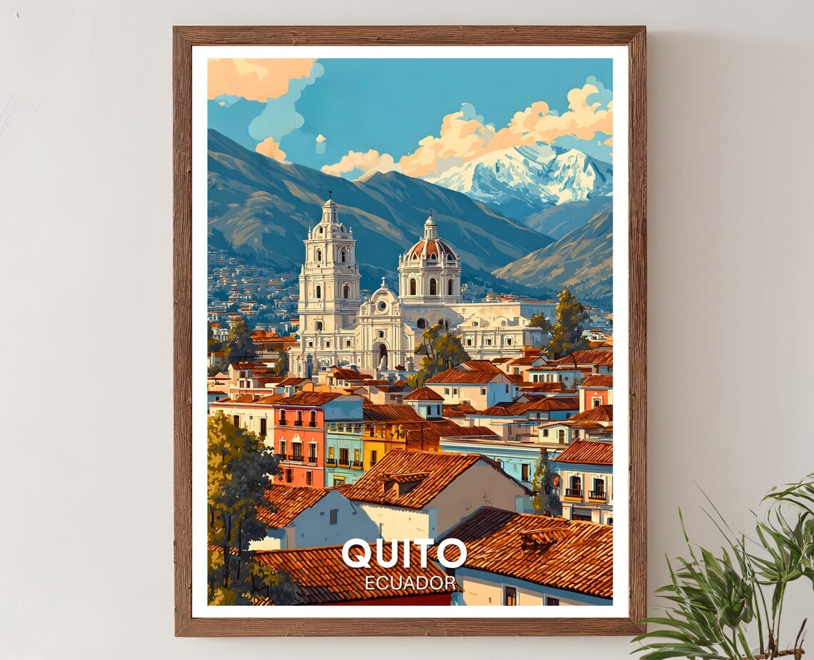 Quito Ecuador Colonial Cathedral Andes Mountain Skyline Travel Poster