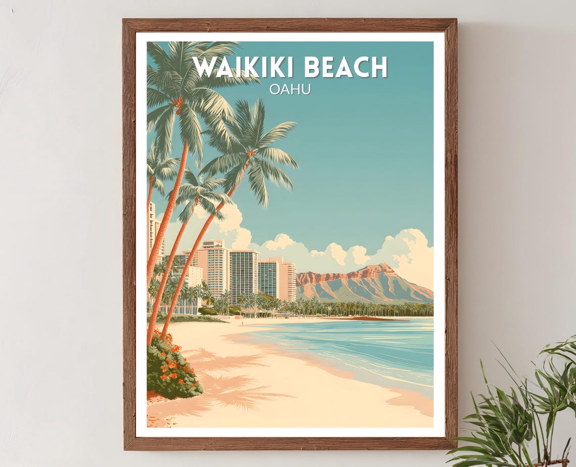 Waikiki Beach Oahu Retro Travel Poster