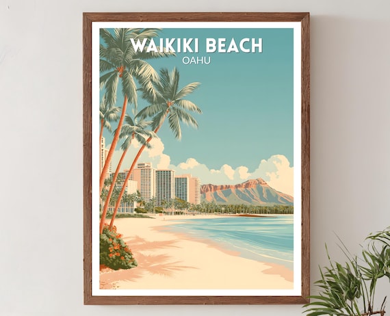 Waikiki Beach Oahu Retro Travel Poster