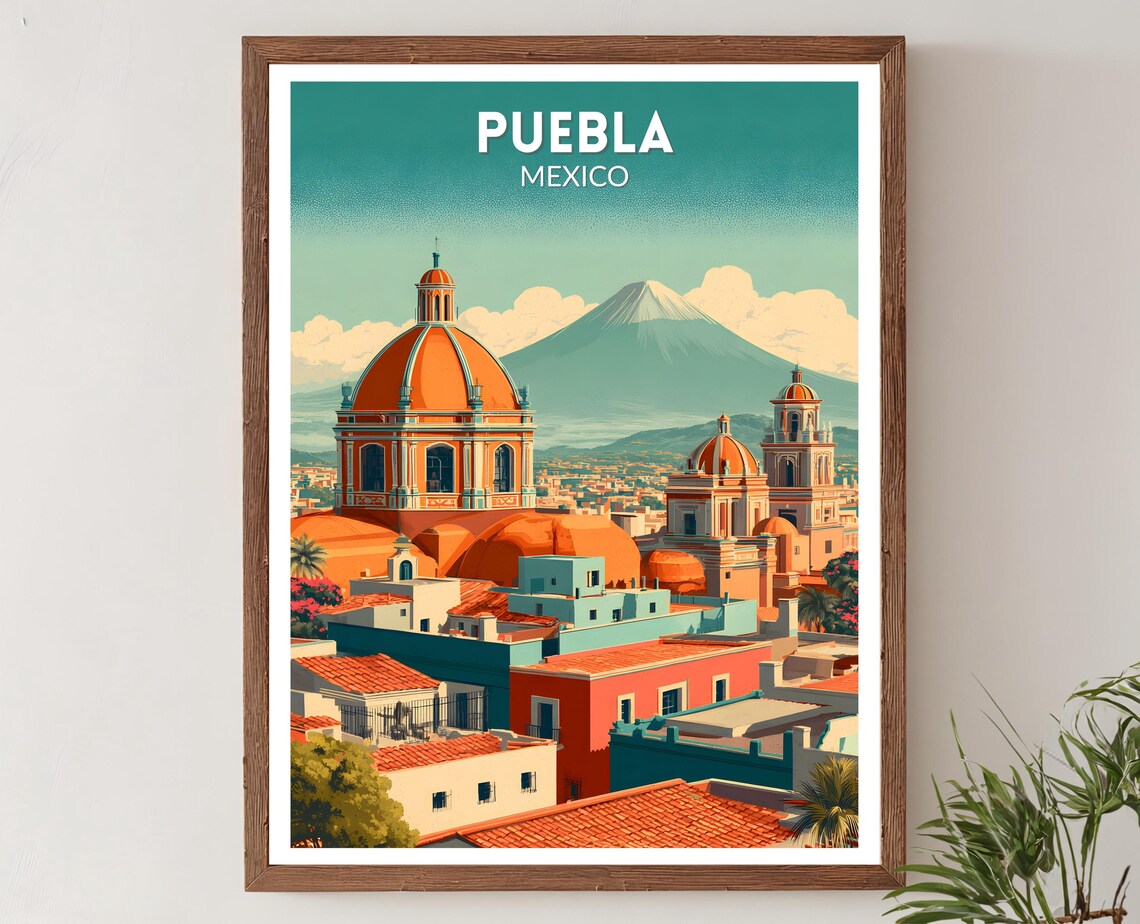 Puebla Mexico Retro Travel Poster, Mid Century