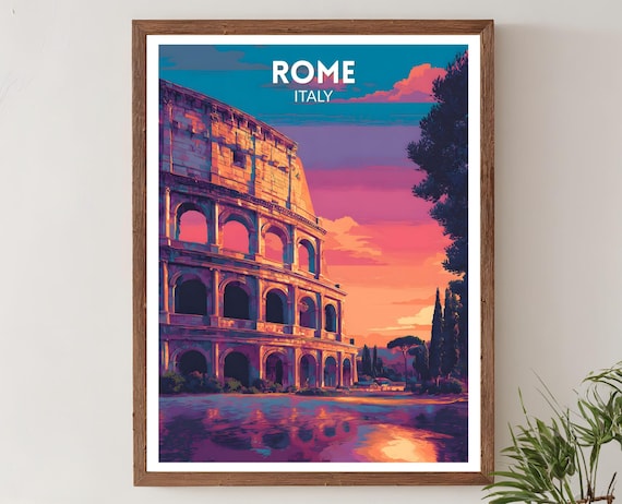 Rome Italy Vibrant Travel Poster Retro Futuristic Wall Art Print Colorful Cityscape Decor Modern