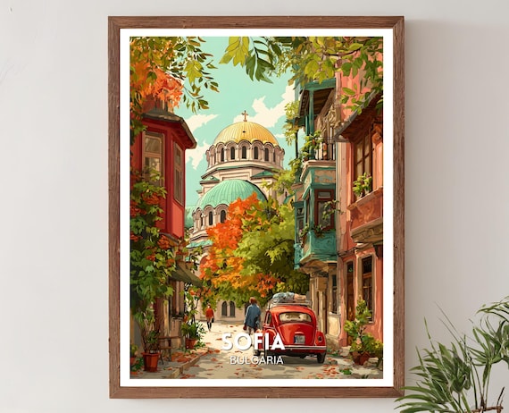 Sofia Bulgaria Golden Domed Cathedral Autumn Street Travel Poster