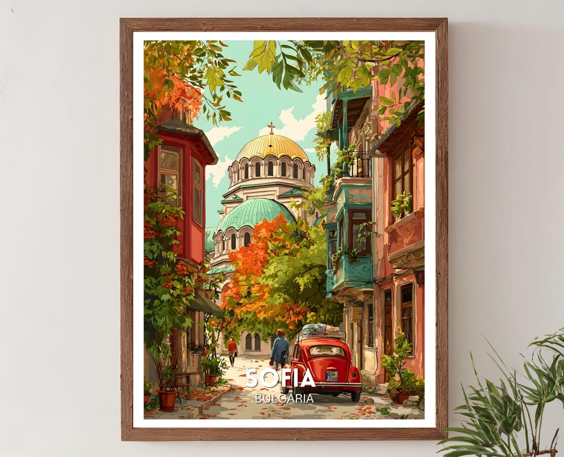 Sofia Bulgaria Golden Domed Cathedral Autumn Street Travel Poster