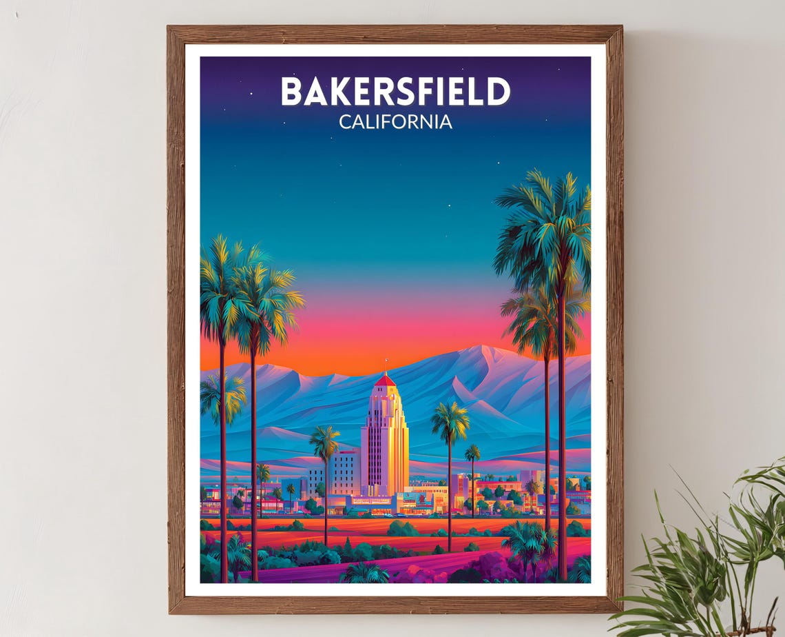 Bakersfield California Retro Vibrant Sunset City Travel Poster