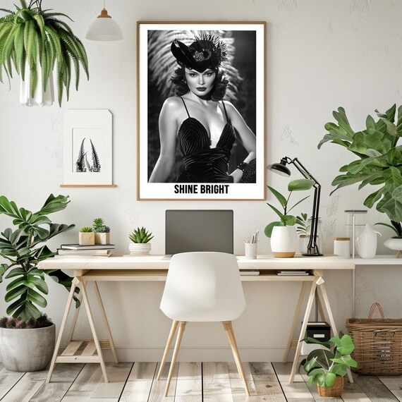 Vintage Glamour Woman In Feathered Hat Shine Bright Black White Poster