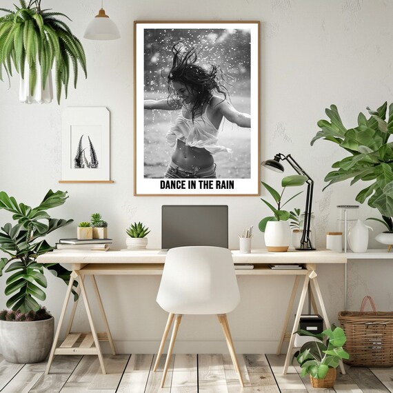 Joyful Woman Dancing In Rain Dance In The Rain Black White Poster