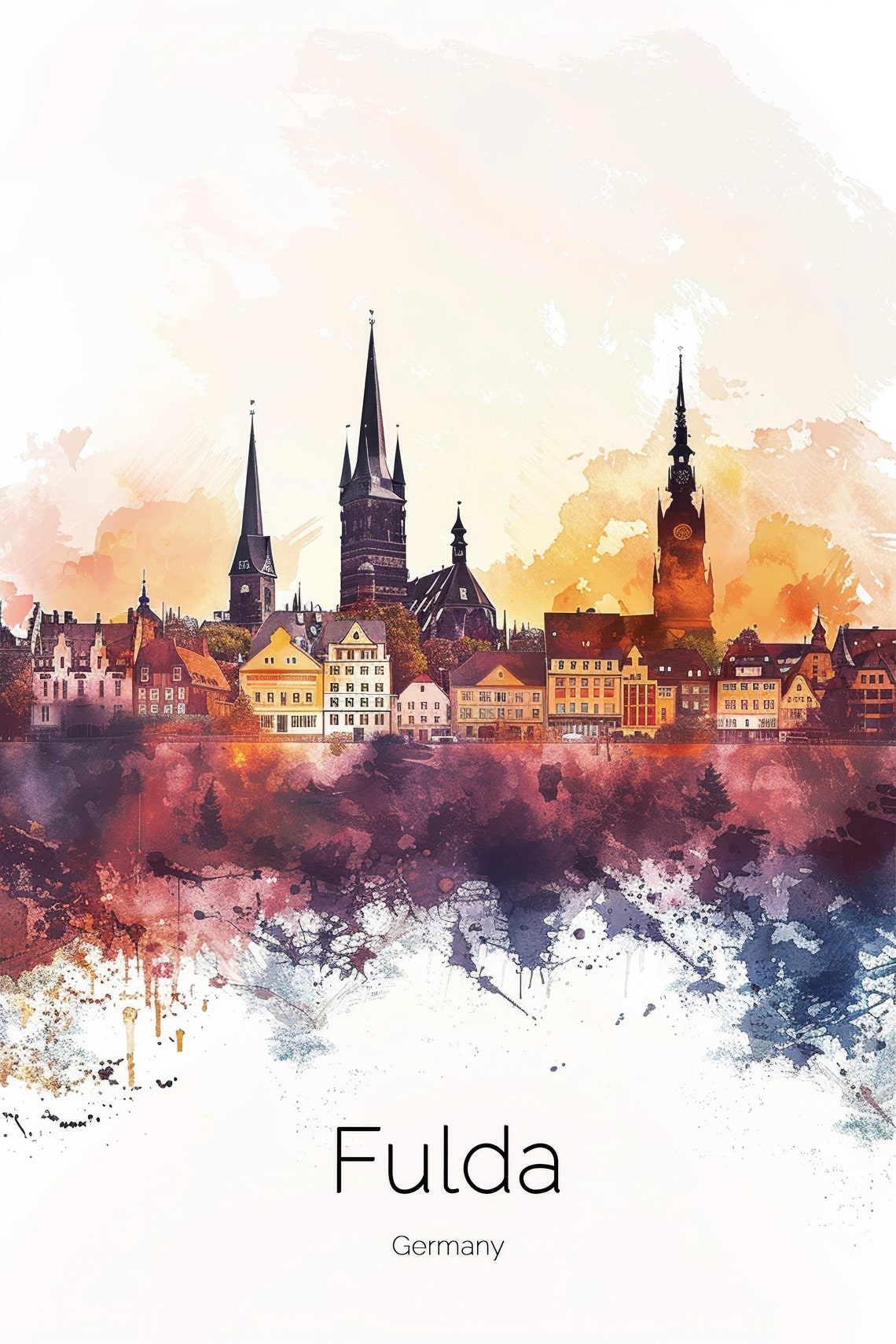 Fulda Germany Watercolor Skyline Cathedral Sunset Reflection Poster - Image 2