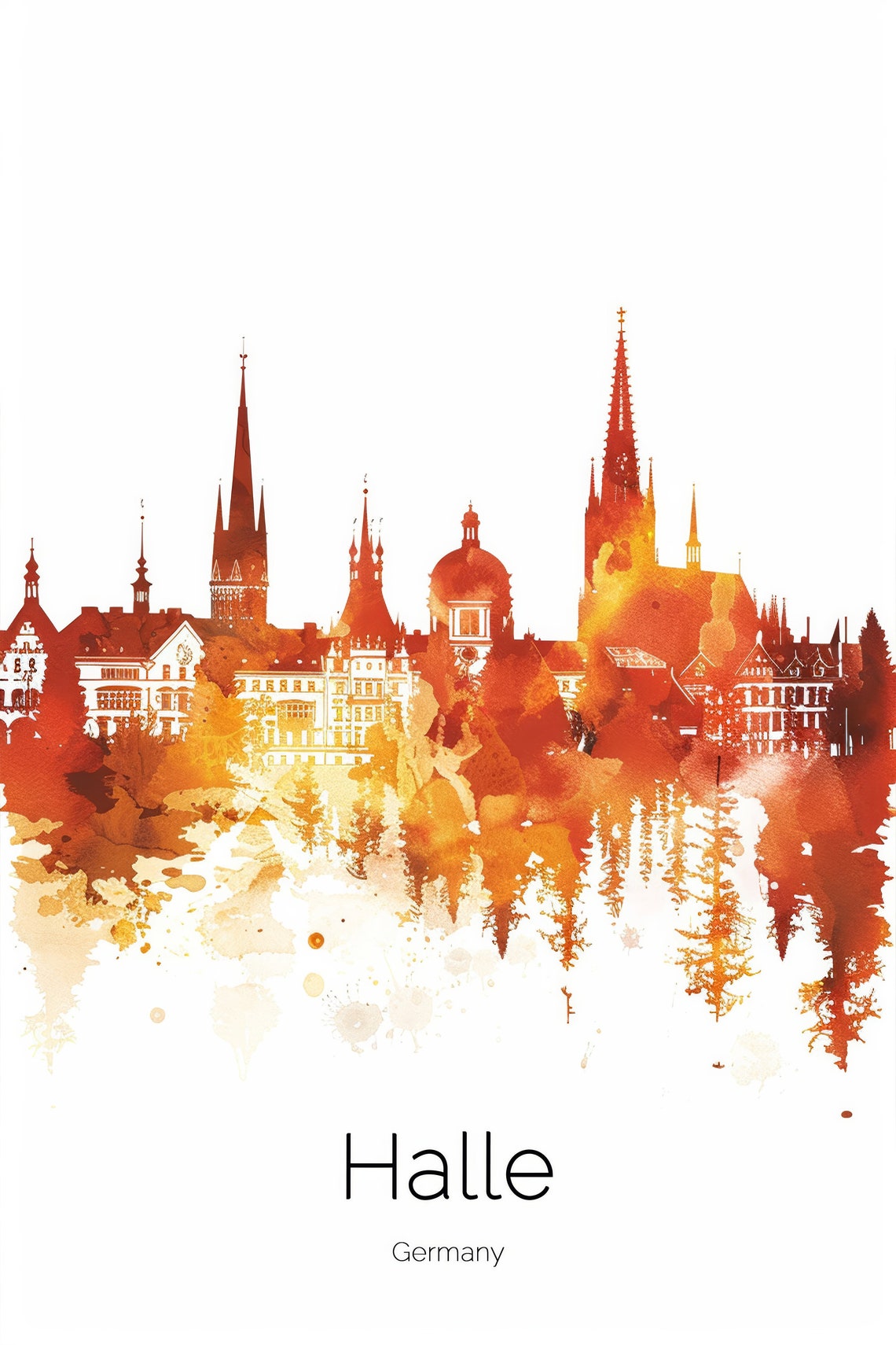 Halle Germany Watercolor Skyline Church Spires Warm Sunset Poster - Image 2
