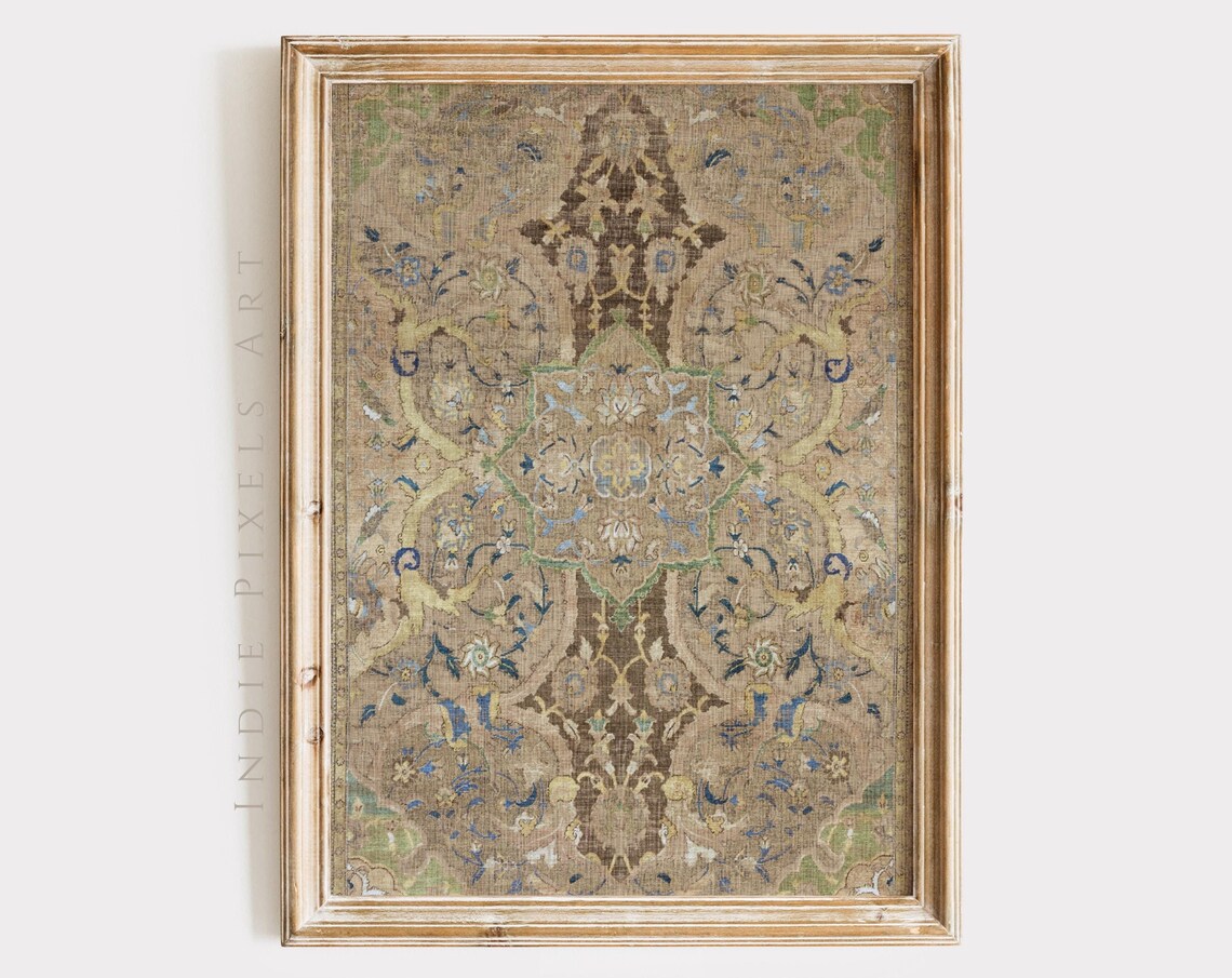 Antique Persian Medallion Tapestry Faded Brown Blue Floral Wall Art