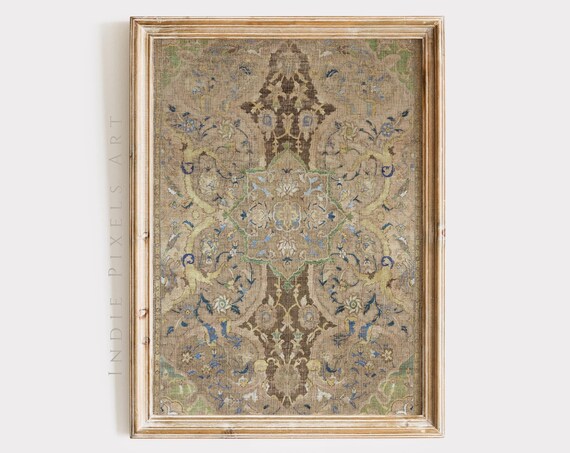 Antique Persian Medallion Tapestry Faded Brown Blue Floral Wall Art