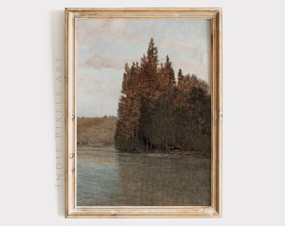 Vintage Autumn Trees Lakeside Cluster Fall Foliage Painting Art Print