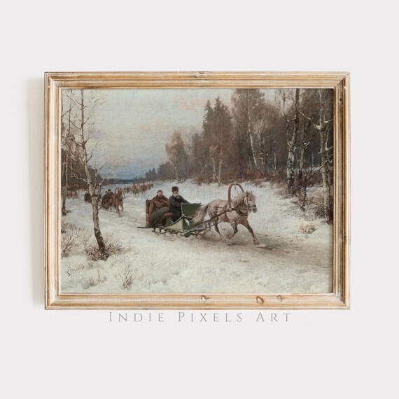 Winter Wall Art Vintage Oil Painting Winter Riders Landscape Art Rustic Cottage Winter Decor Moody Farmhouse Decor