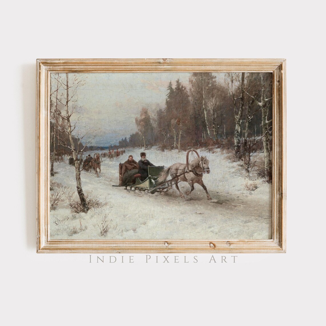 Vintage Horse Drawn Sleigh Riders Snowy Birch Forest Oil Painting Print