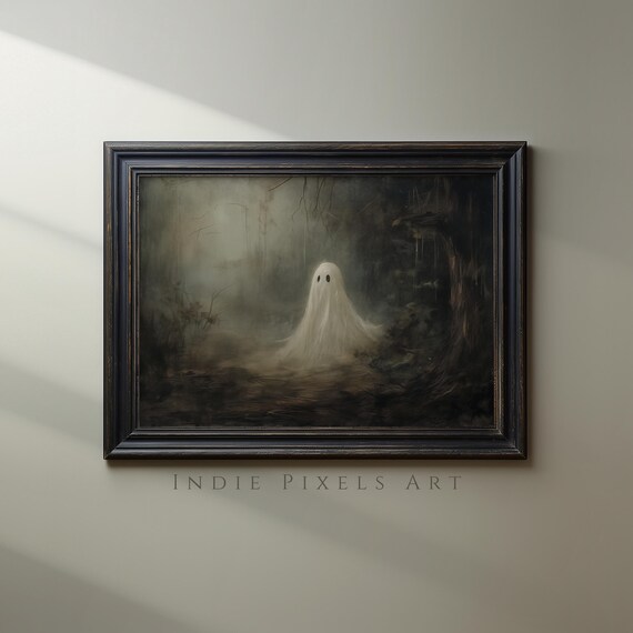 Ghost In Dark Misty Forest Spooky Halloween Vintage Moody Art Poster