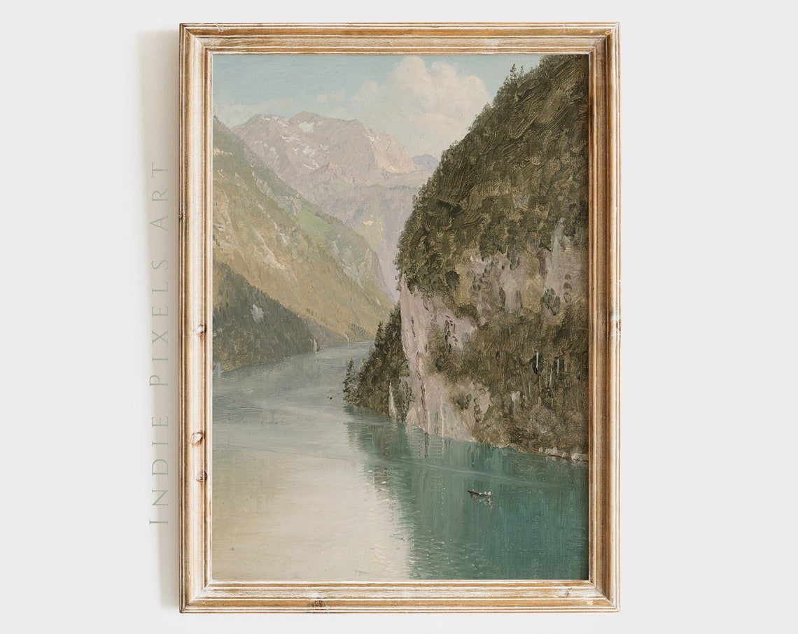 Alpine Mountain Lake Between Steep Cliffs Vintage Landscape Print